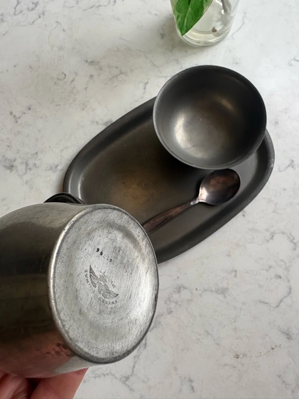 Vintage Pewter Creamer and Sugar Set with Tray and spoon